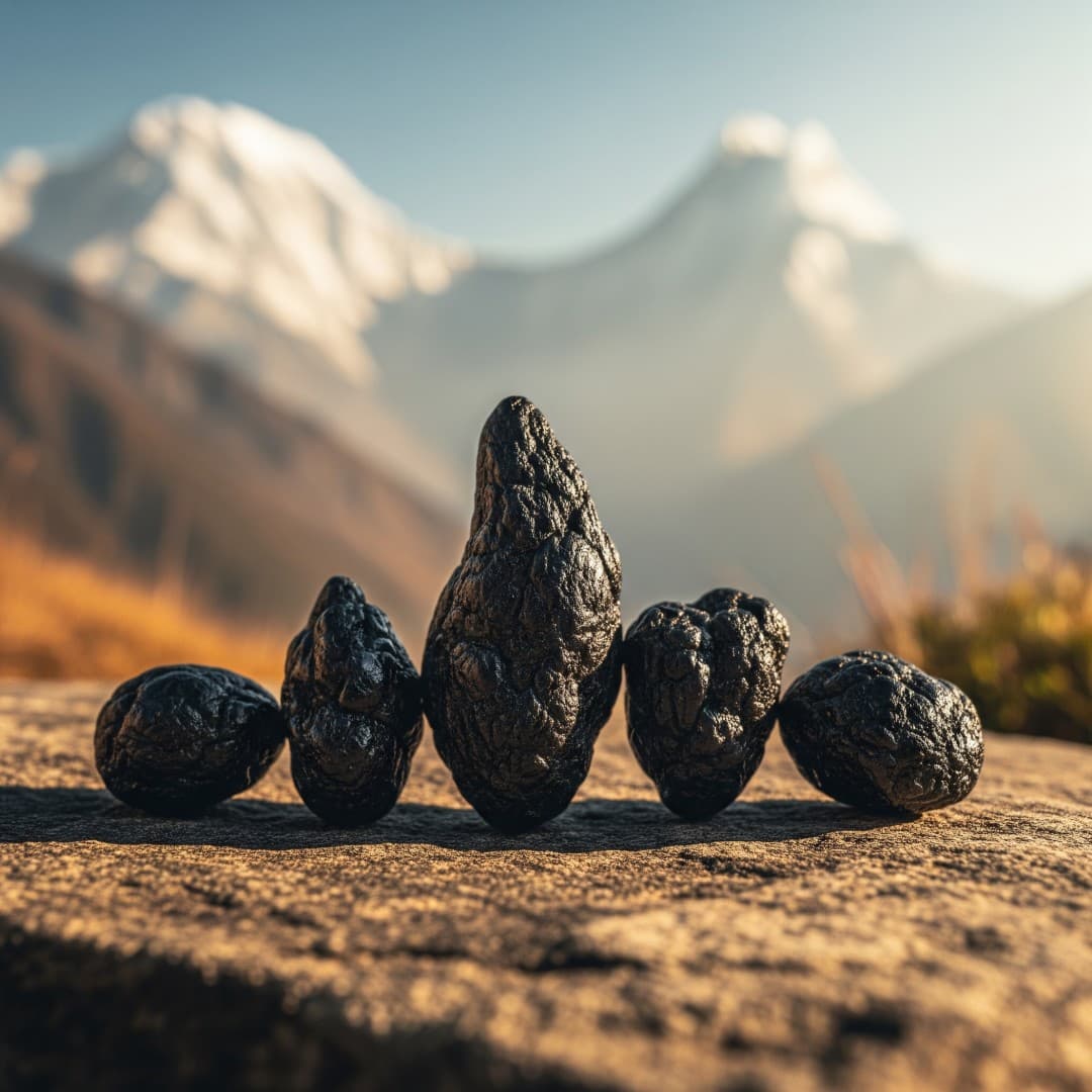Mehrere Stücke natürliches Shilajit-Harz auf einem Steinplateau mit Himalaya-Gebirge im Hintergrund